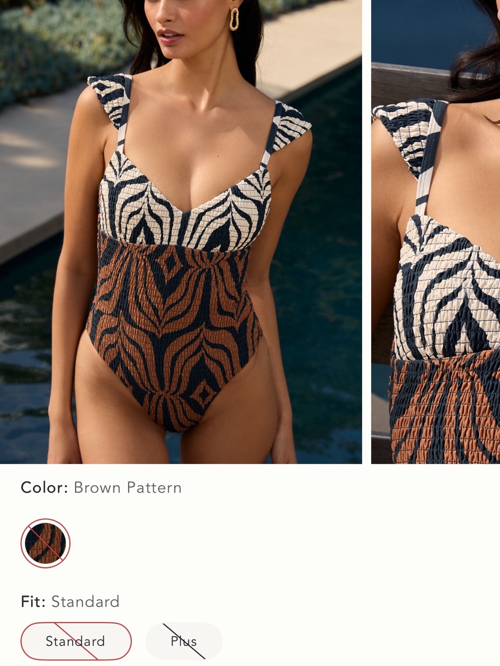 Textured Brown & Cream Patterned One-Piece Swimsuit - Picture 3 of 3